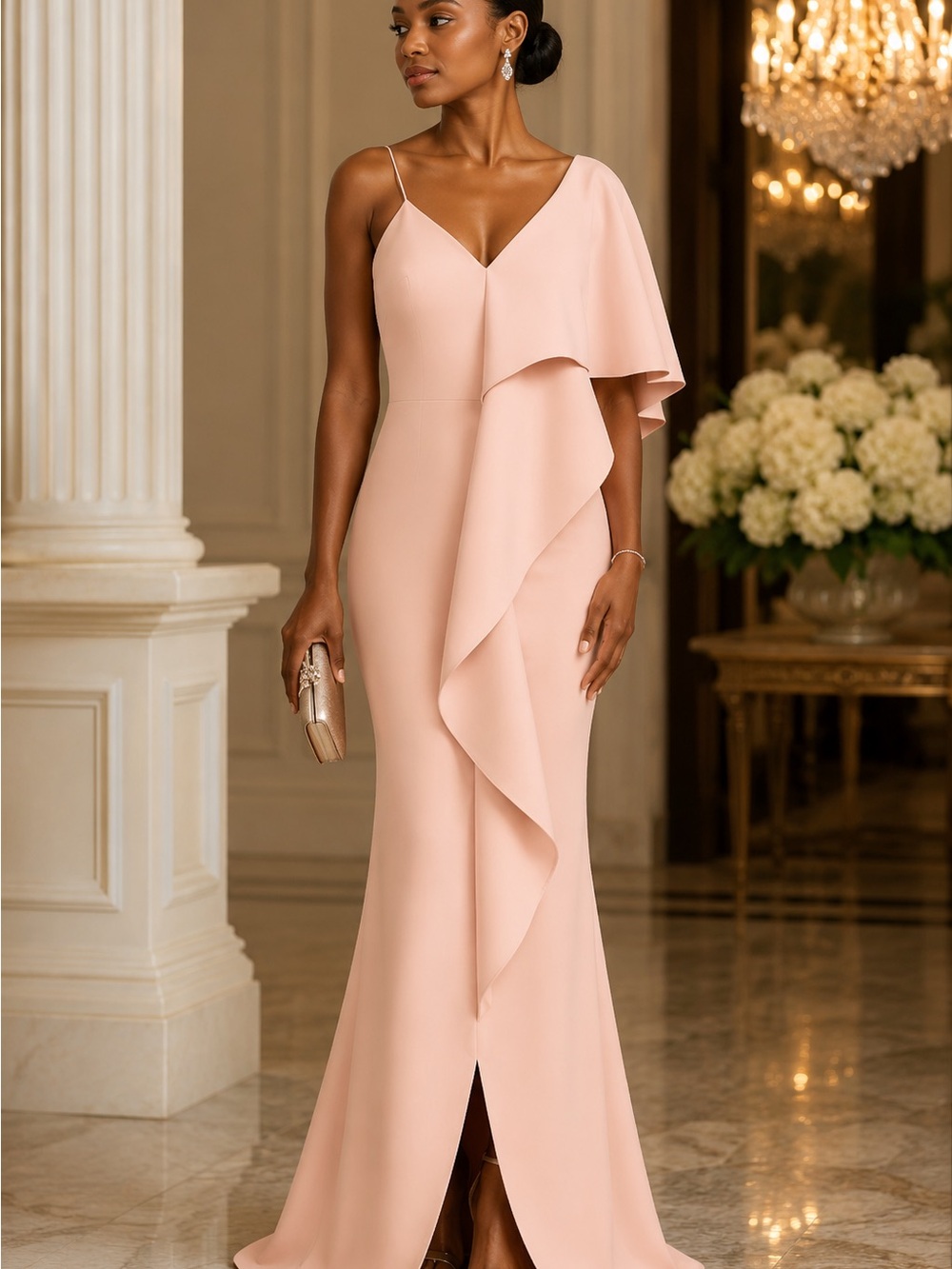 Badgley Mischka Blush One-Shoulder Ruffle Evening Gown
